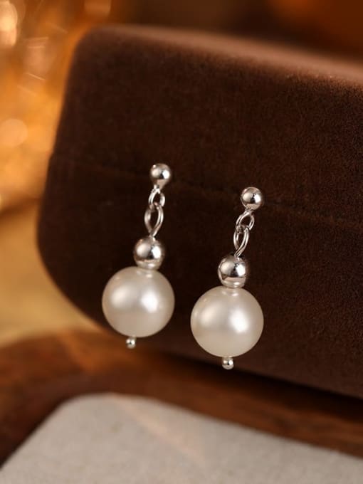 ES2623 [Platinum and White Beads] 925 Sterling Silver Imitation Pearl Geometric Minimalist Drop Earring